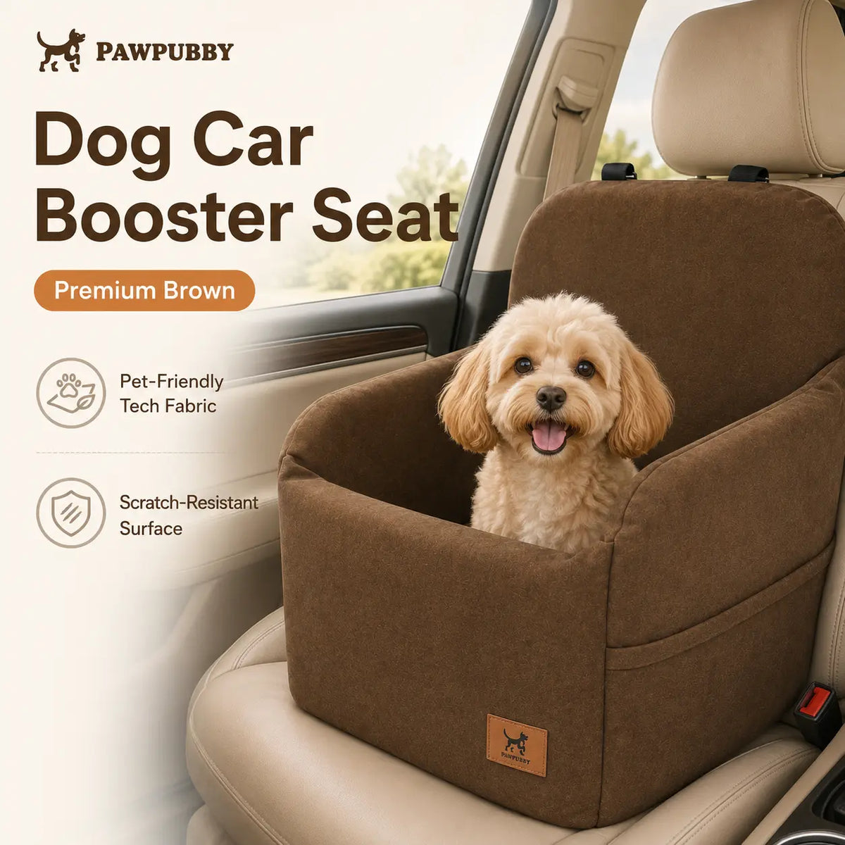PAWPUBBY Dog Car Booster Seat for Small and Medium Dogs, Ultra-Soft Plush Pet Travel Safety Seat with Adjustable Straps & Built-In Leash, Anti-Slip Washable Co-Pilot Car Bed for Travel