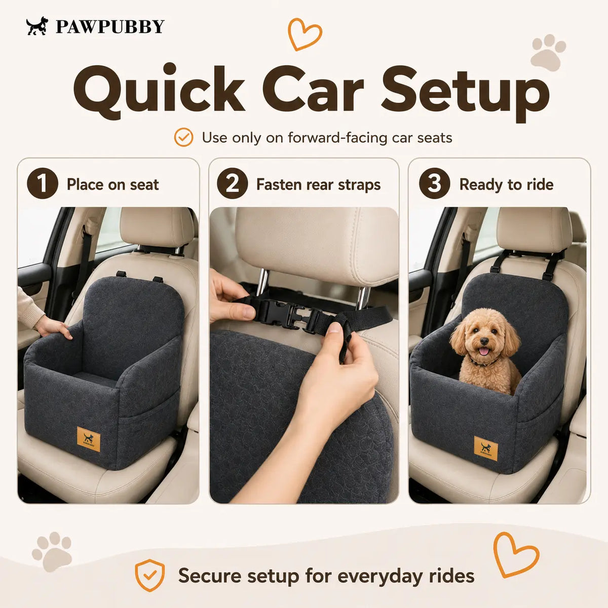 PAWPUBBY Dog Car Booster Seat for Small and Medium Dogs, Ultra-Soft Plush Pet Travel Safety Seat with Adjustable Straps & Built-In Leash, Anti-Slip Washable Co-Pilot Car Bed for Travel