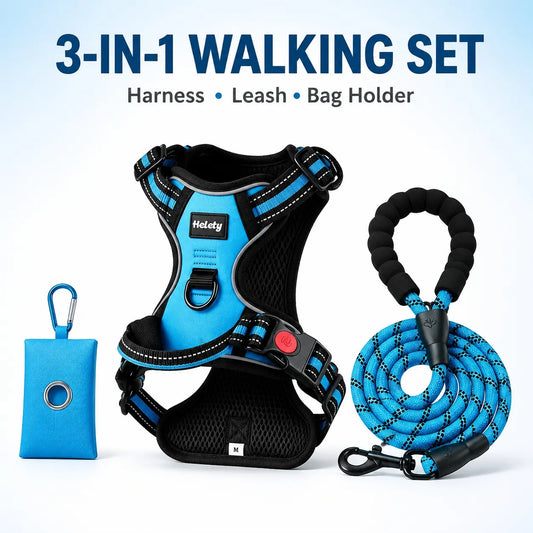 HELETY Durable 3-In-1 Reflective Dog Harness & Flexi Leash Set - Anti-Pull, No-Choke, 3M Reflective, Anti-Escape Lock, Adjustable for Small/Medium/Large Dogs, Oxford Nylon, Night Safety Strap, Poop Bag Holder, Airtag Compatible, Cooling for Walking