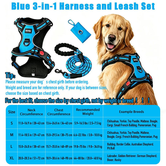 HELETY Durable 3-In-1 Reflective Dog Harness & Flexi Leash Set - Anti-Pull, No-Choke, 3M Reflective, Anti-Escape Lock, Adjustable for Small/Medium/Large Dogs, Oxford Nylon, Night Safety Strap, Poop Bag Holder, Airtag Compatible, Cooling for Walking