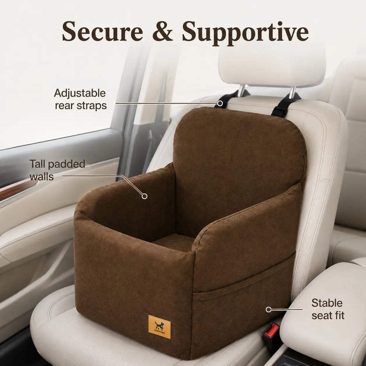 PAWPUBBY Dog Car Booster Seat for Small and Medium Dogs, Ultra-Soft Plush Pet Travel Safety Seat with Adjustable Straps & Built-In Leash, Anti-Slip Washable Co-Pilot Car Bed for Travel